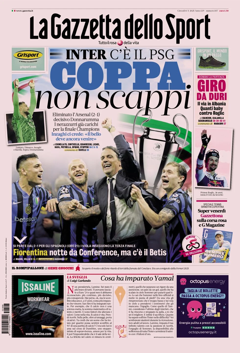 anteprima della prima pagina di la-gazzetta-dello-sport del 08/05/2025