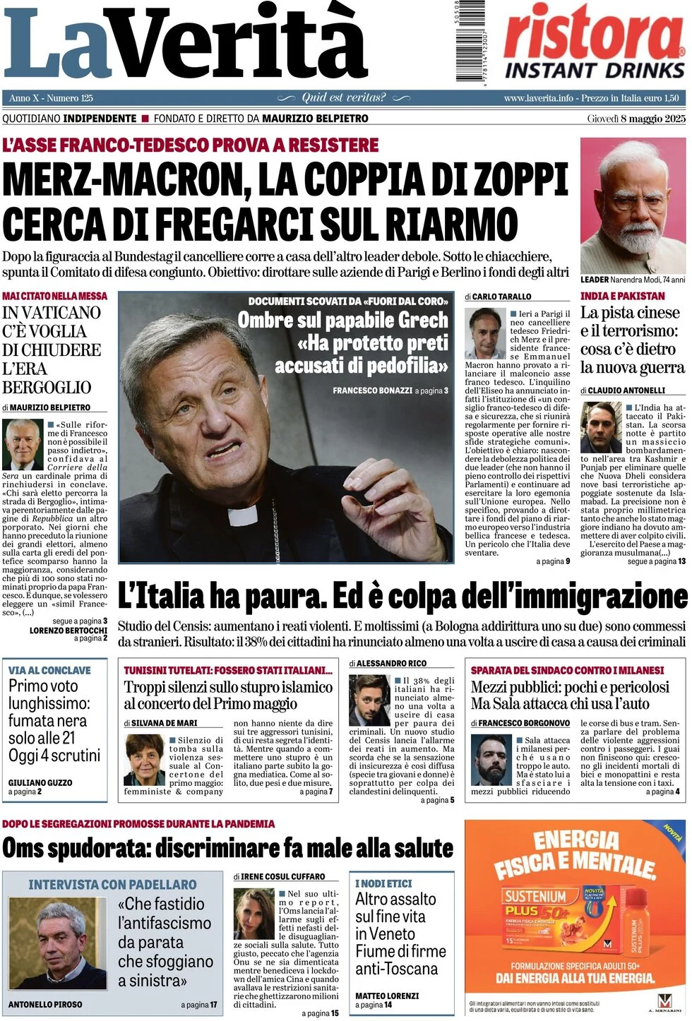 anteprima della prima pagina di la-verit del 08/05/2025