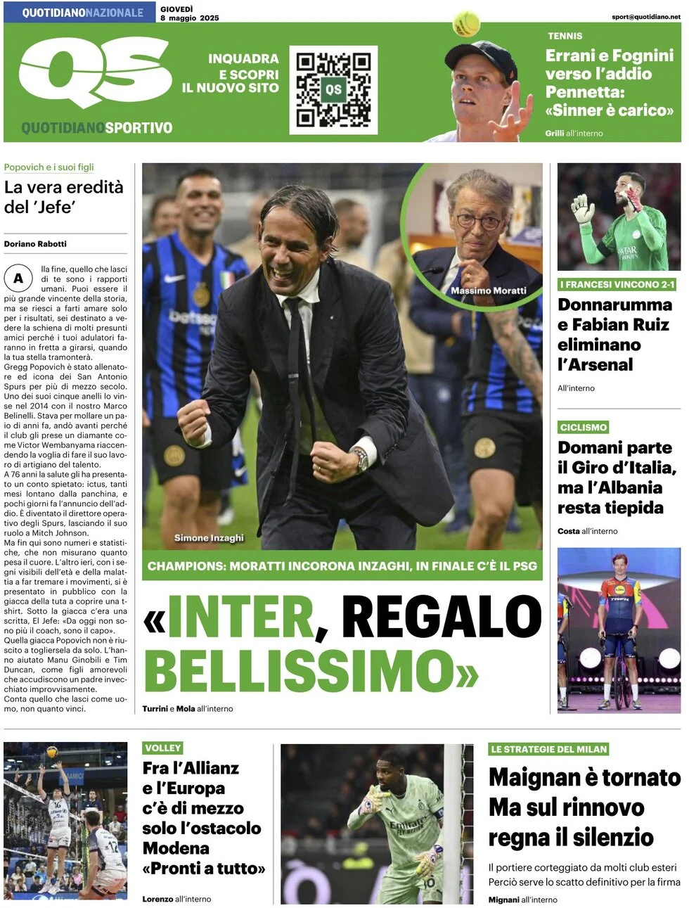 anteprima della prima pagina di qs-quotidiano-sportivo del 08/05/2025
