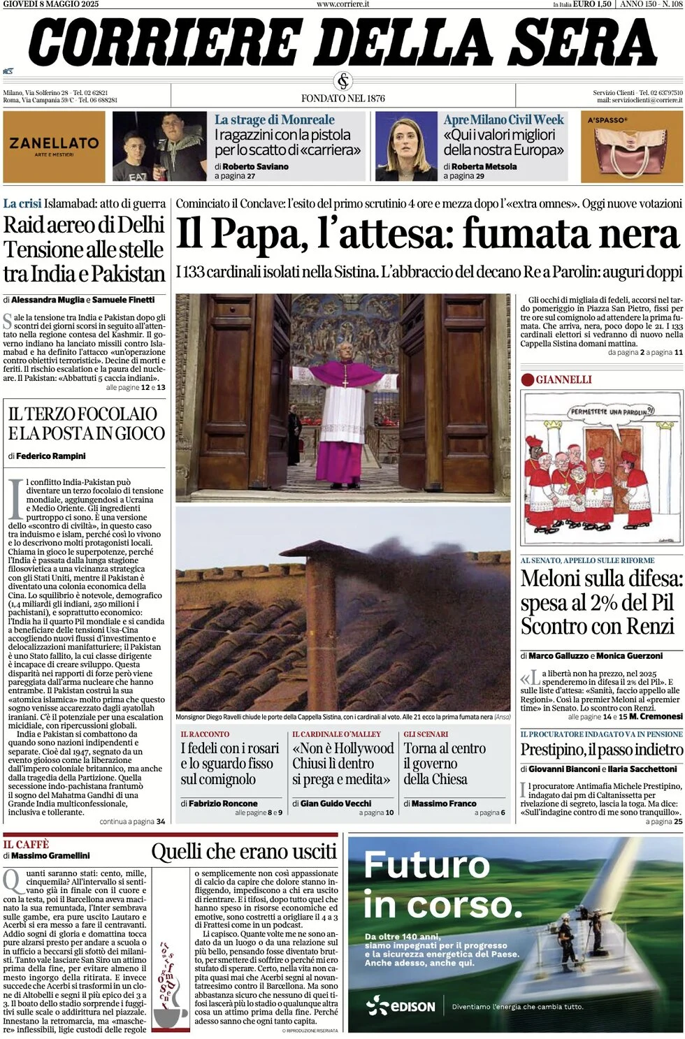 anteprima della prima pagina di corriere-della-sera del 08/05/2025