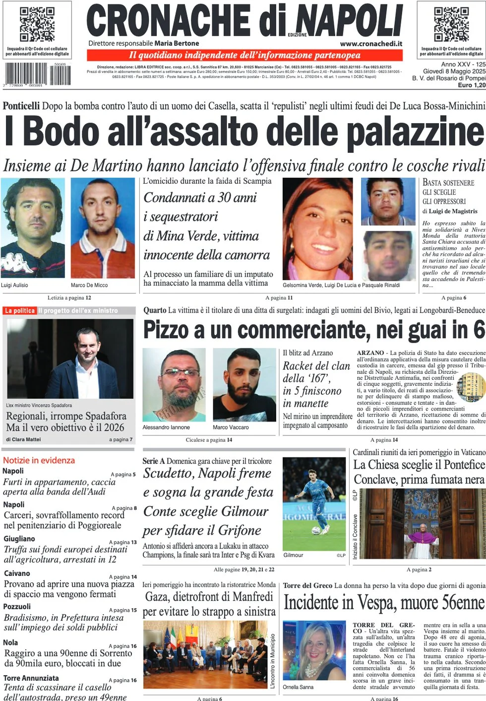 anteprima della prima pagina di cronache-di-napoli del 08/05/2025