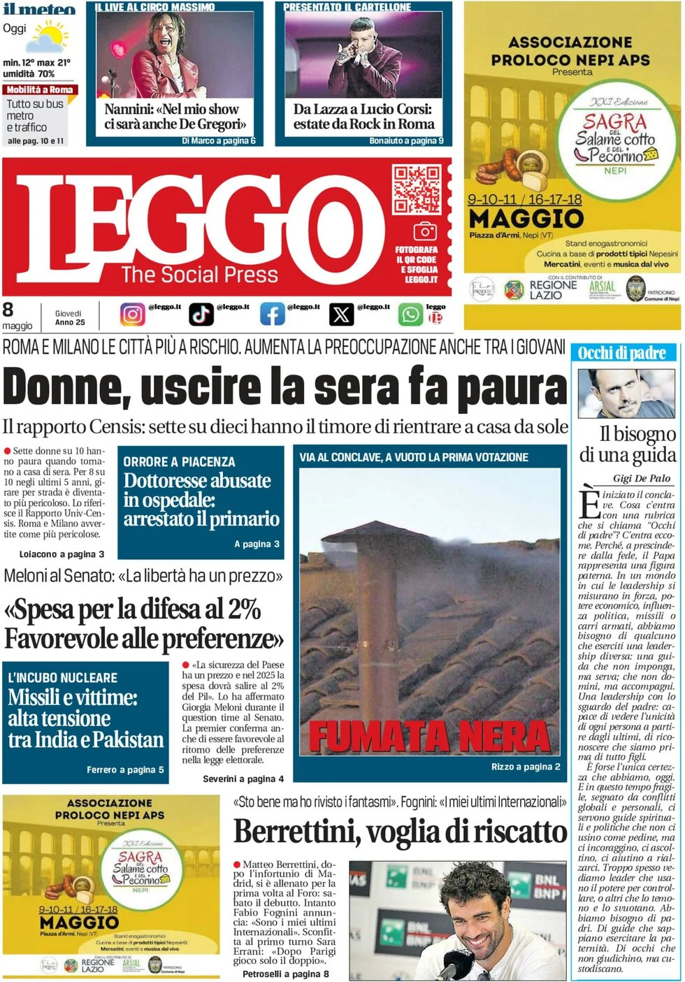 anteprima della prima pagina di leggo-roma del 08/05/2025