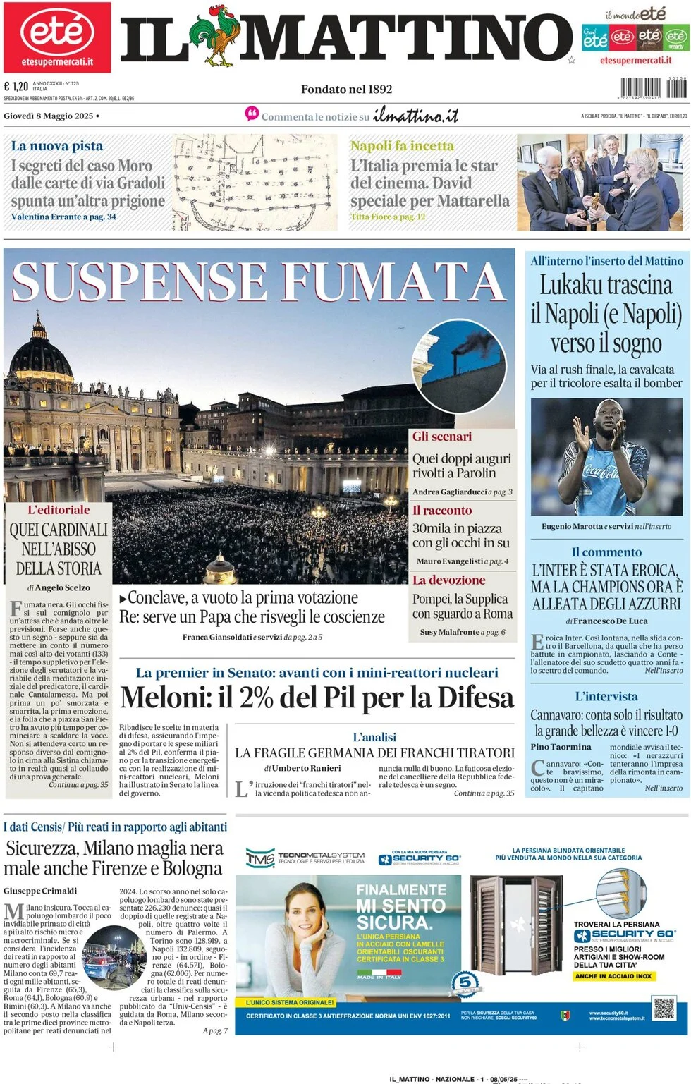 anteprima della prima pagina di il-mattino del 08/05/2025