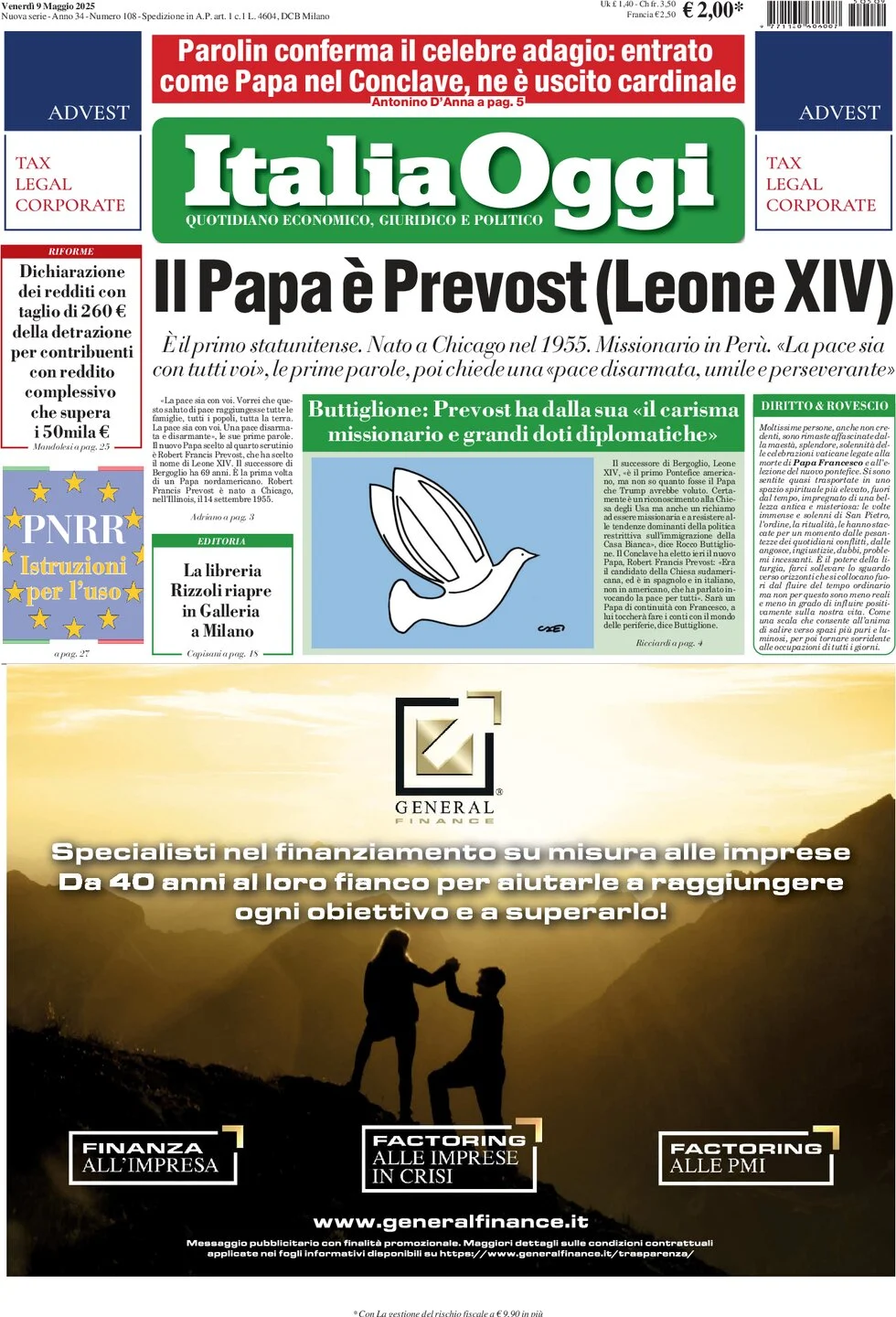 anteprima della prima pagina di italiaoggi del 09/05/2025
