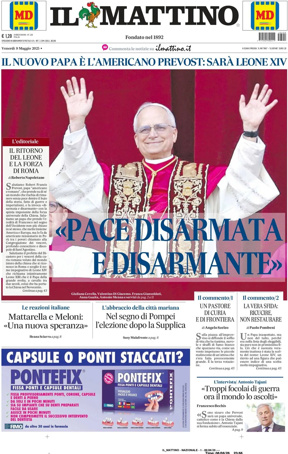 anteprima della prima pagina di il-mattino del 09/05/2025