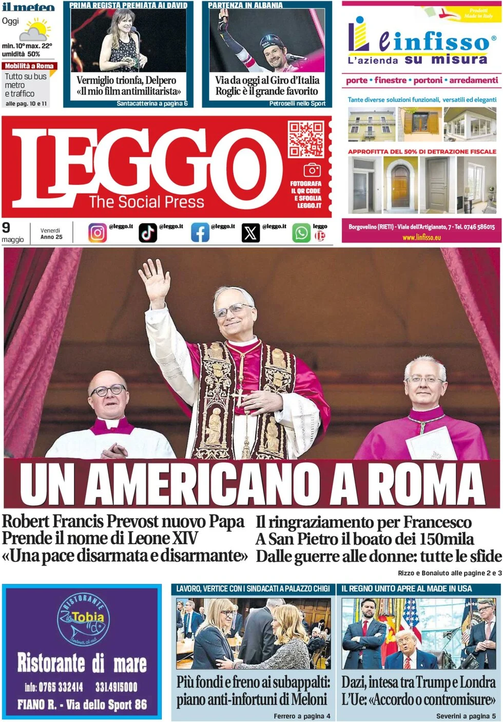 anteprima della prima pagina di leggo-roma del 09/05/2025