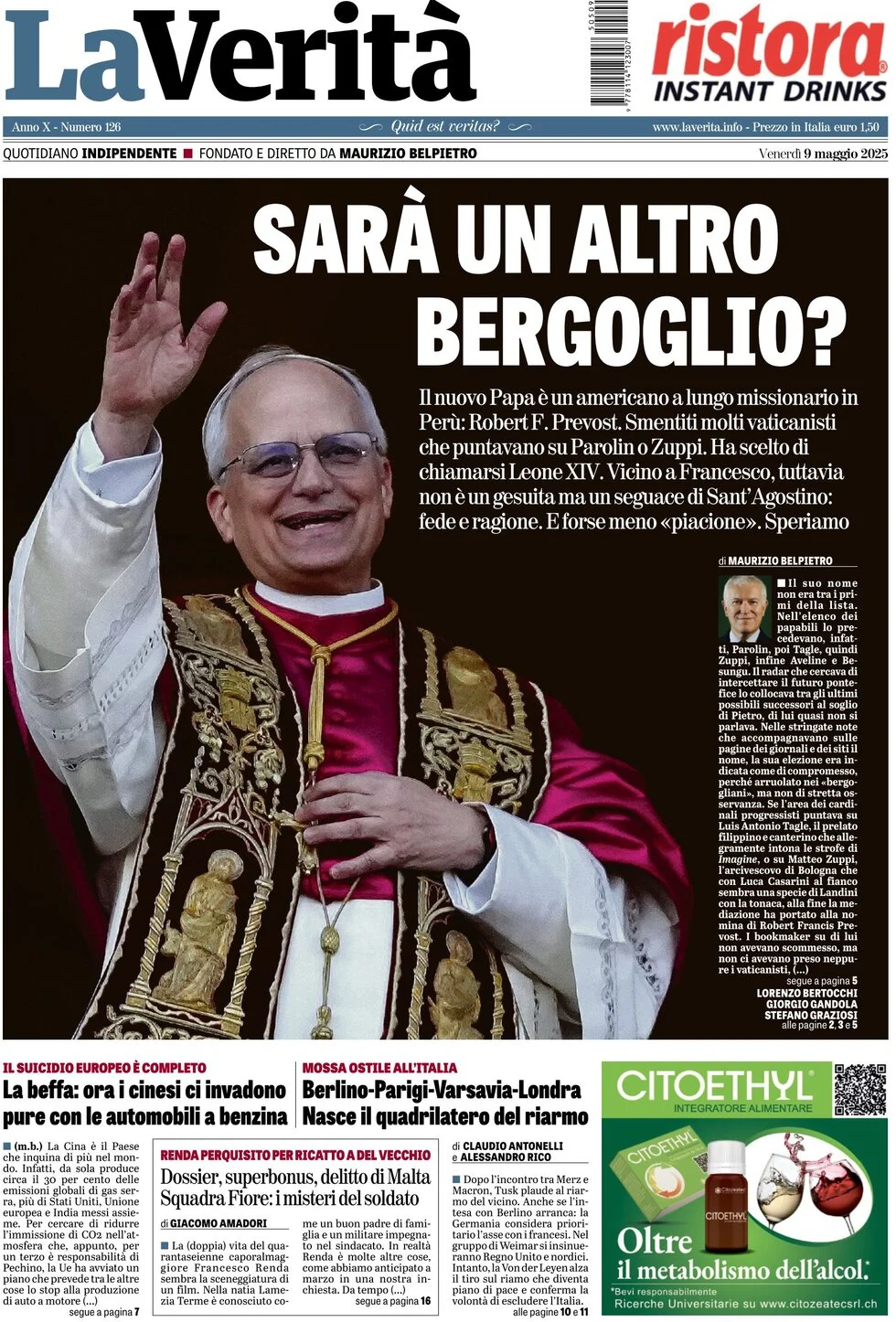 anteprima della prima pagina di la-verit del 09/05/2025
