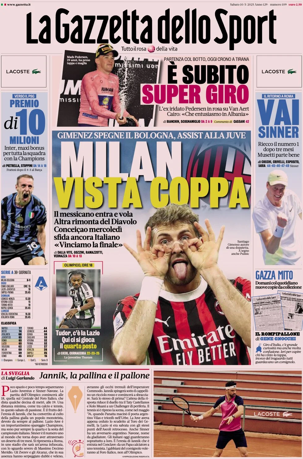 anteprima della prima pagina di la-gazzetta-dello-sport del 10/05/2025