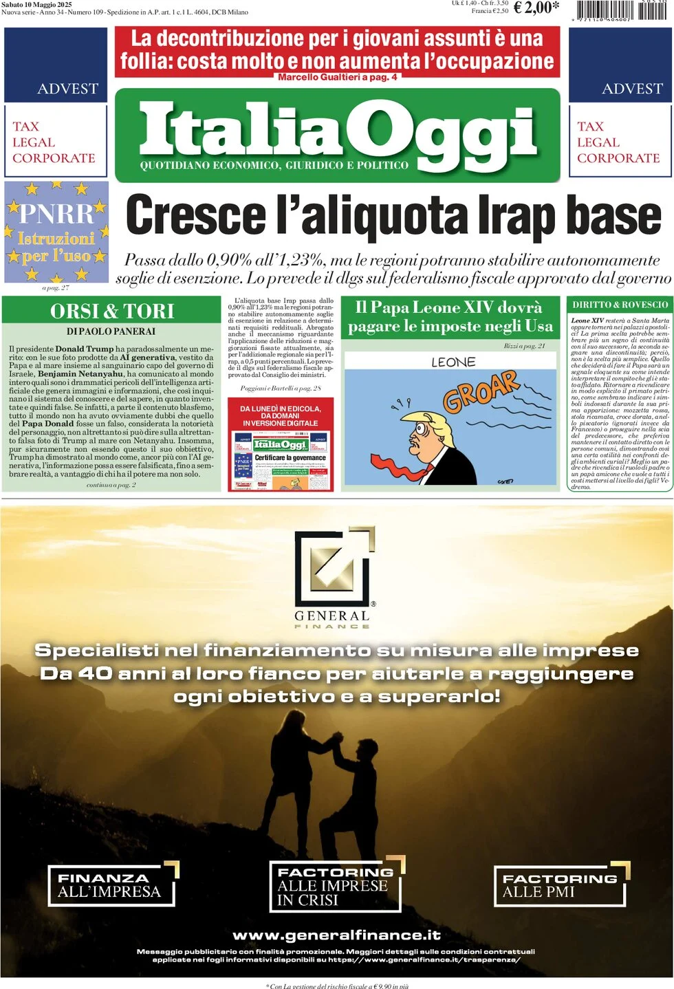 anteprima della prima pagina di italiaoggi del 10/05/2025