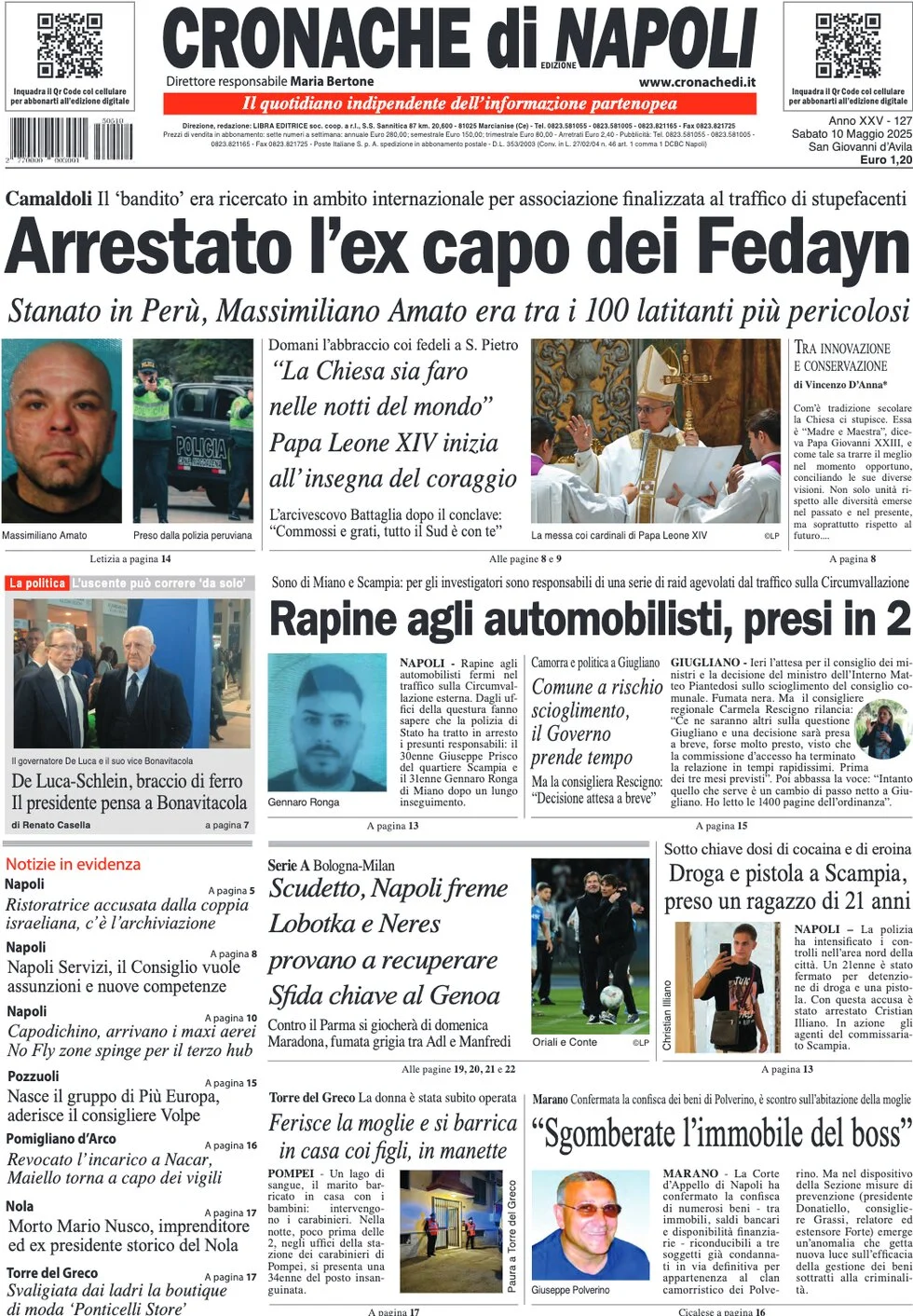 anteprima della prima pagina di cronache-di-napoli del 10/05/2025
