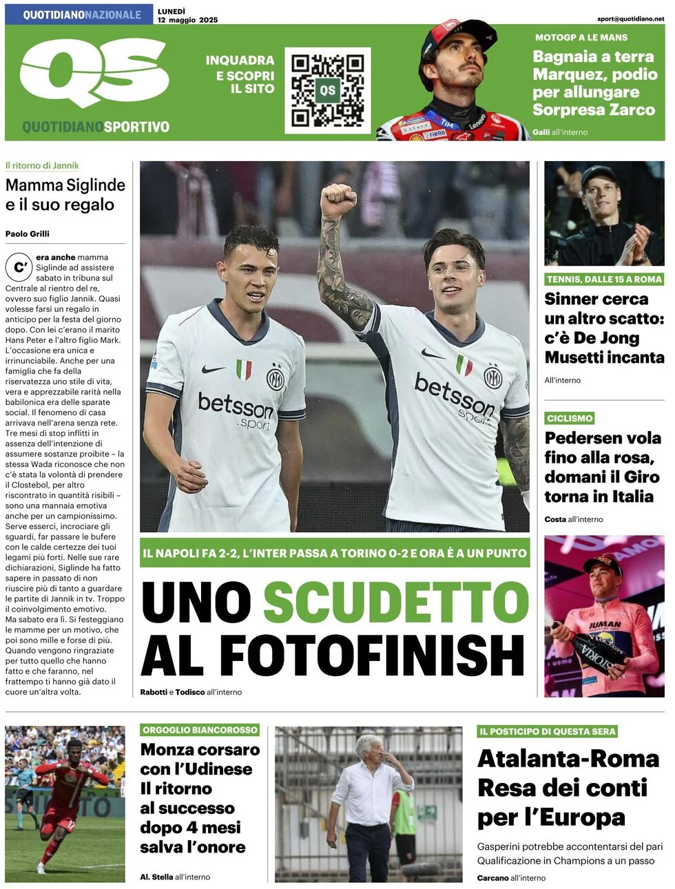 anteprima della prima pagina di qs-quotidiano-sportivo del 12/05/2025