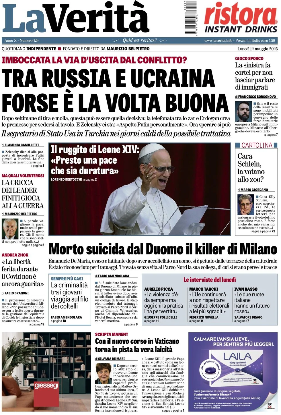 anteprima della prima pagina di la-verit del 12/05/2025