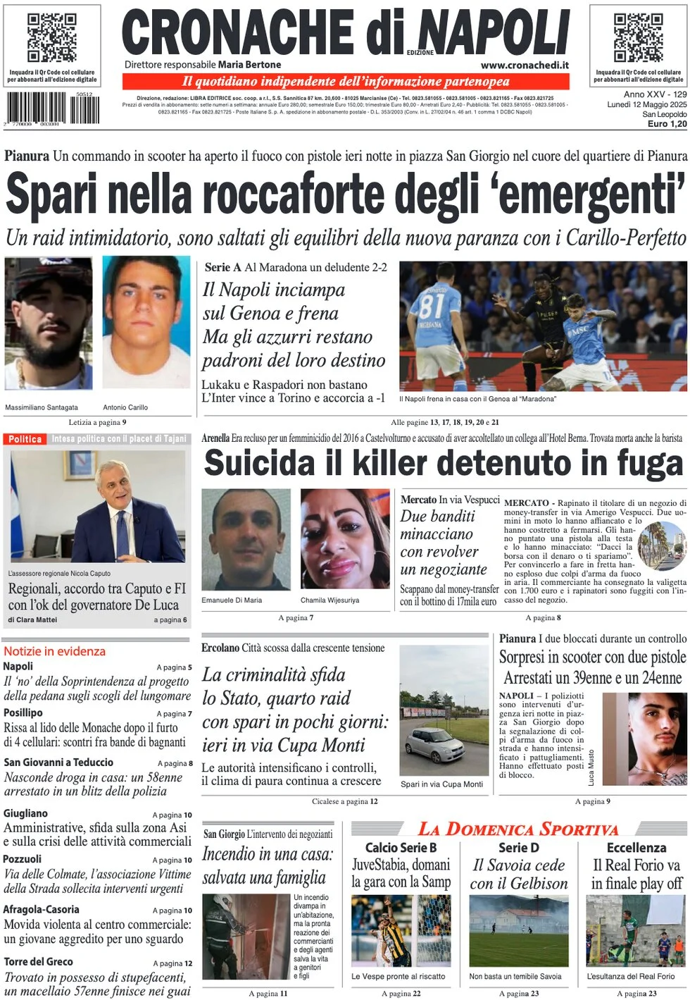 anteprima della prima pagina di cronache-di-napoli del 12/05/2025