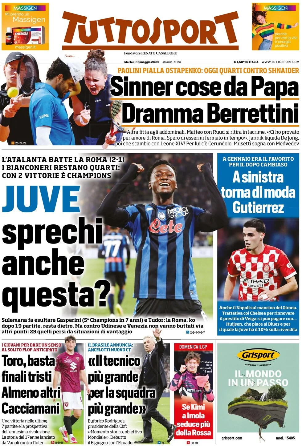 anteprima della prima pagina di tuttosport del 13/05/2025