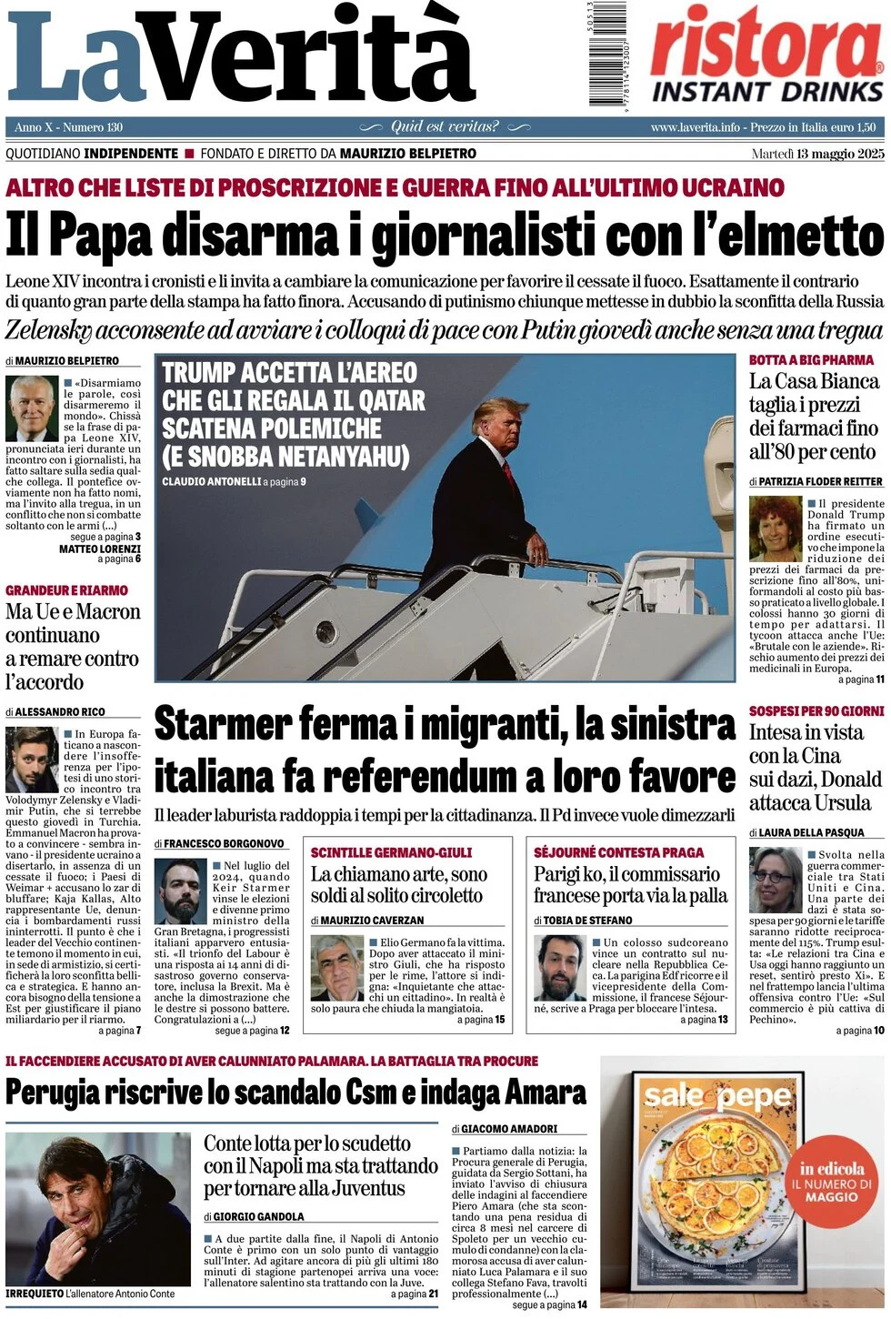 anteprima della prima pagina di la-verit del 13/05/2025