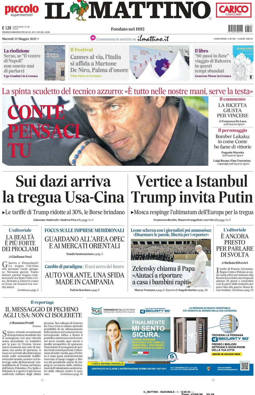 anteprima della prima pagina di il-mattino del 13/05/2025