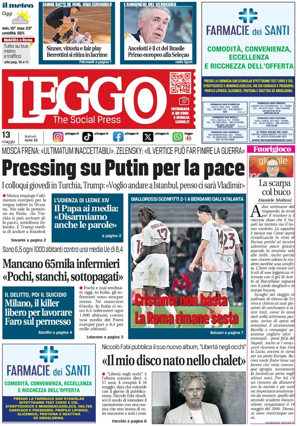 anteprima della prima pagina di leggo-roma del 13/05/2025