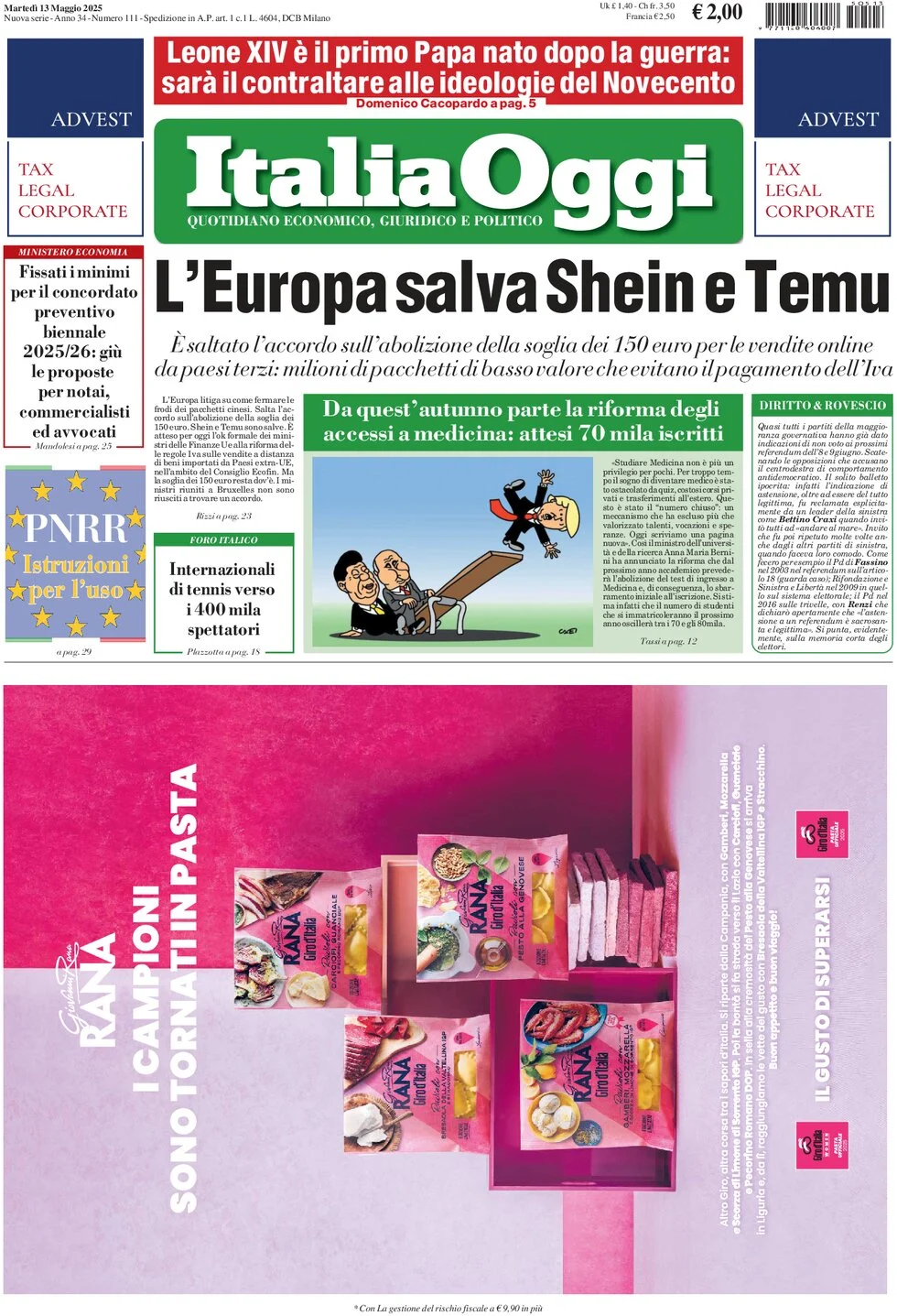 anteprima della prima pagina di italiaoggi del 13/05/2025