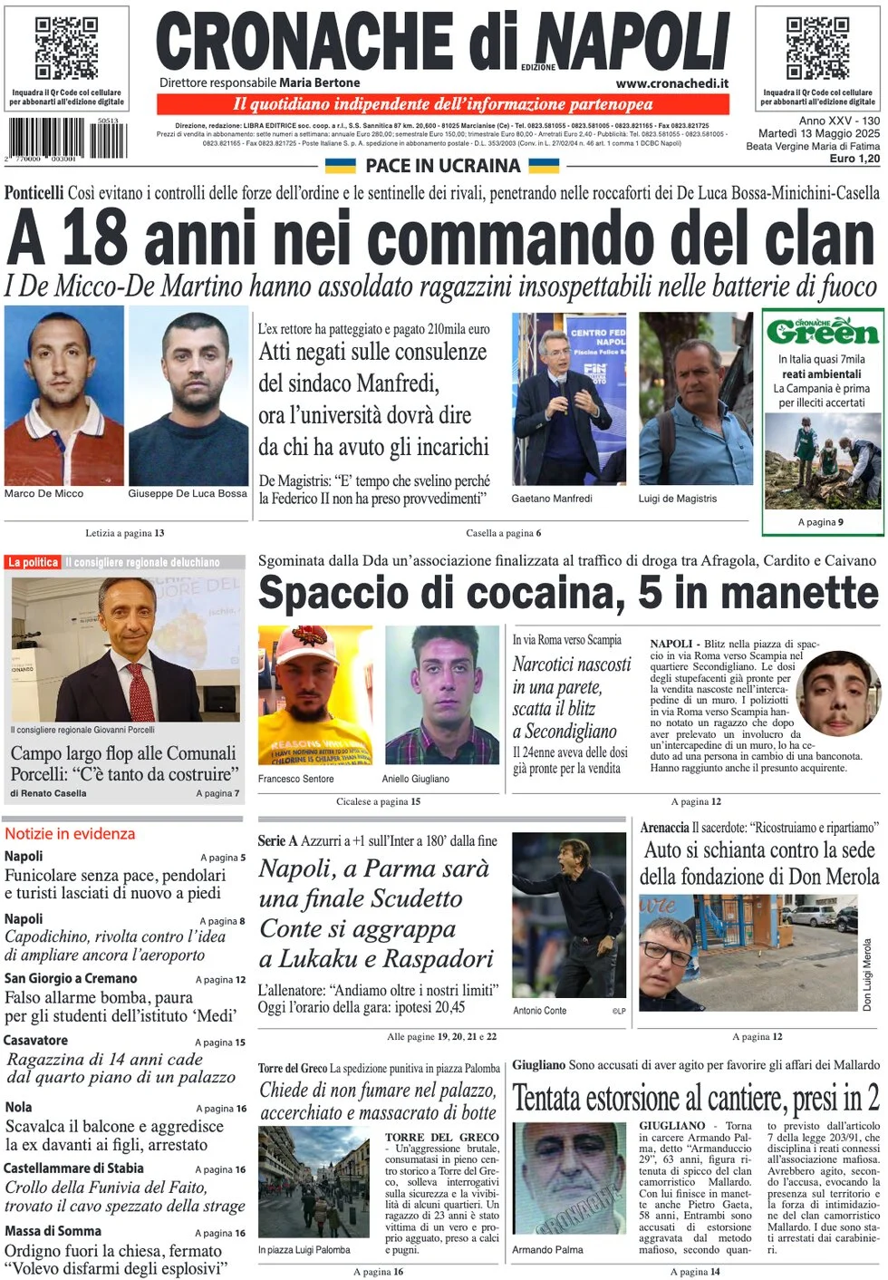 anteprima della prima pagina di cronache-di-napoli del 13/05/2025