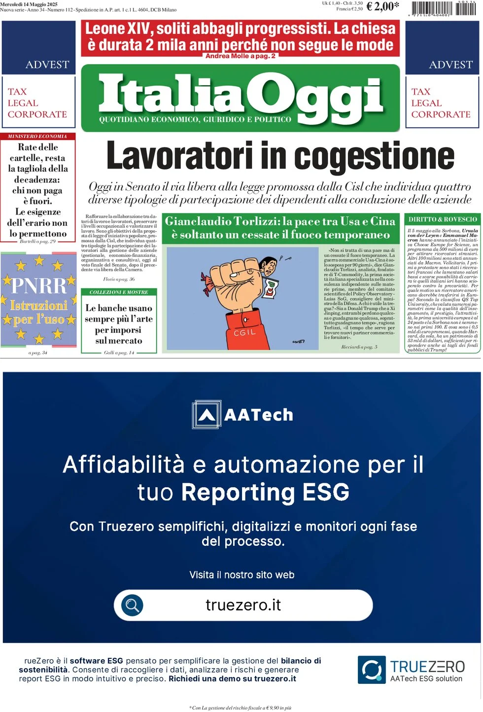 anteprima della prima pagina di italiaoggi del 14/05/2025