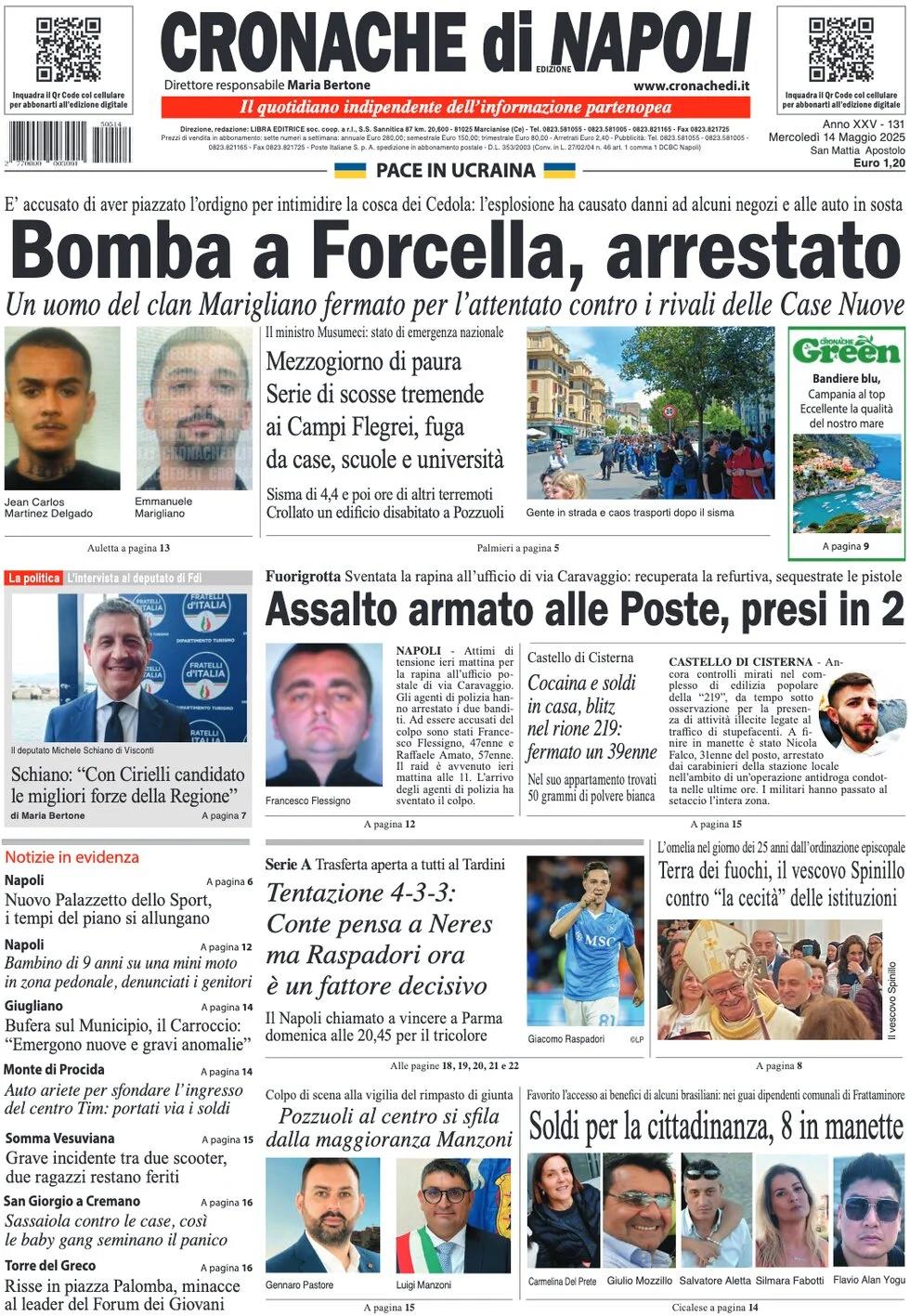 anteprima della prima pagina di cronache-di-napoli del 14/05/2025