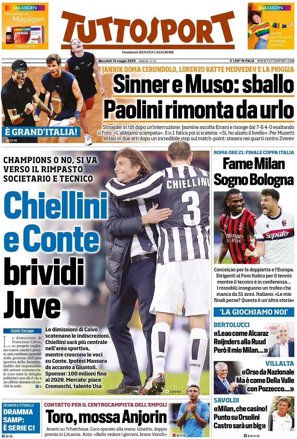 anteprima della prima pagina di tuttosport del 14/05/2025