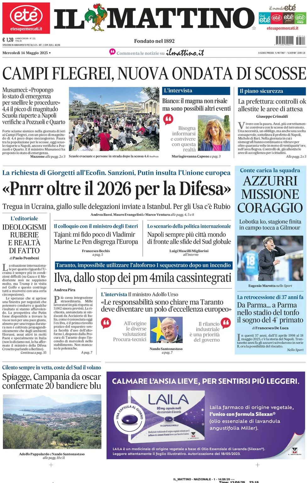 anteprima della prima pagina di il-mattino del 14/05/2025