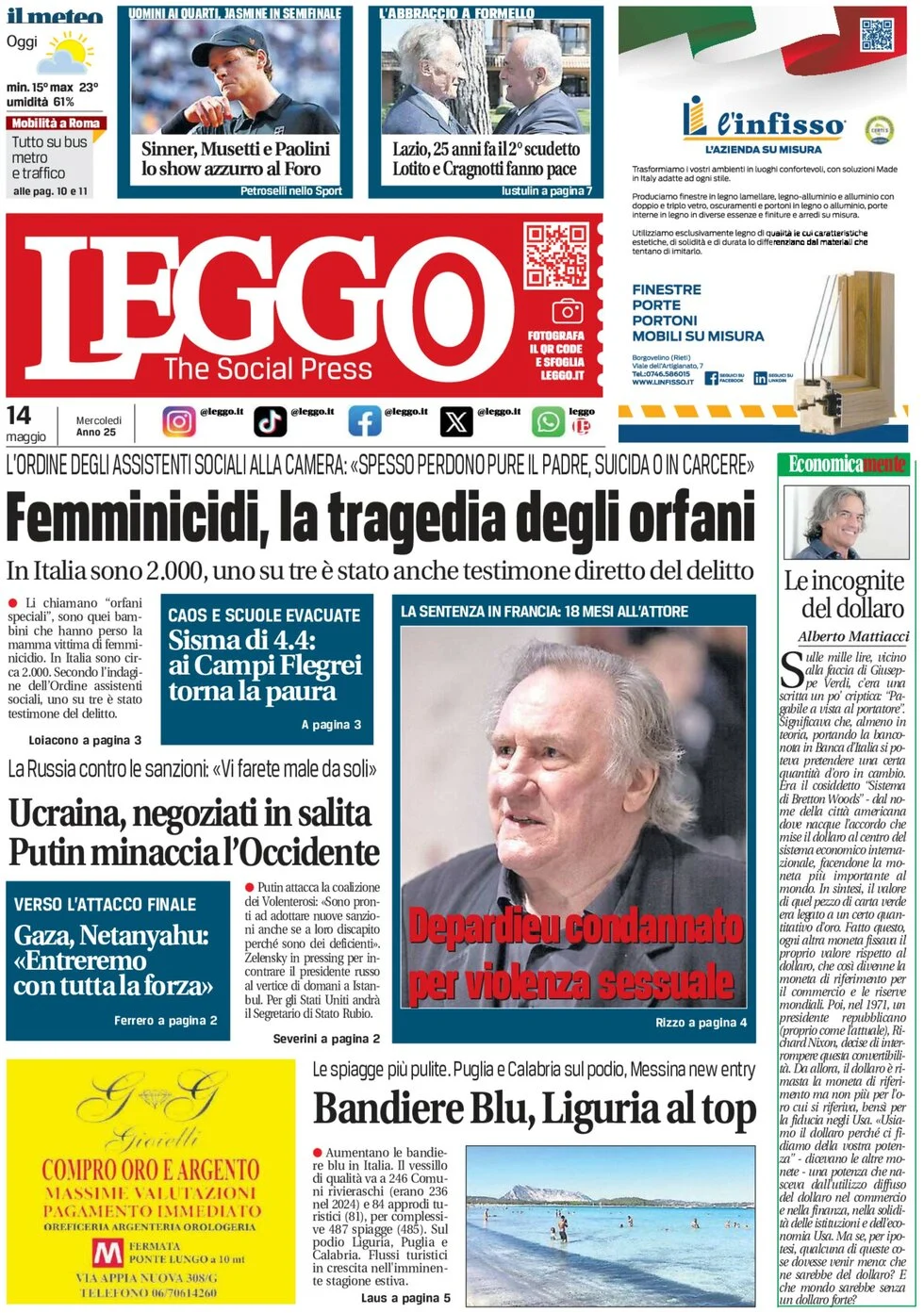 anteprima della prima pagina di leggo-roma del 14/05/2025