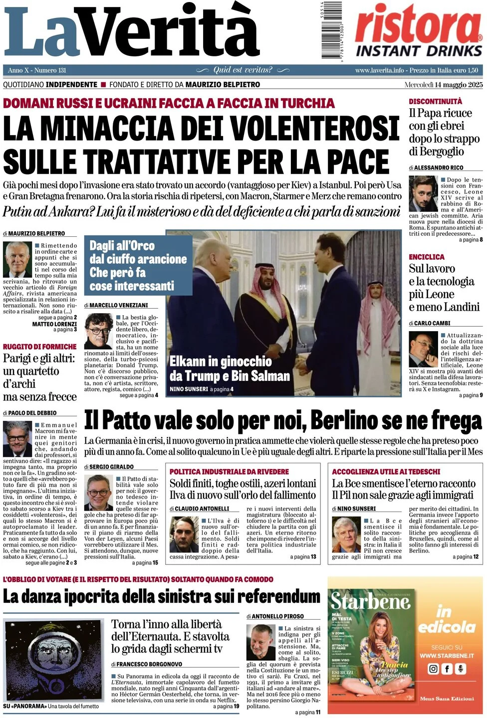anteprima della prima pagina di la-verit del 14/05/2025