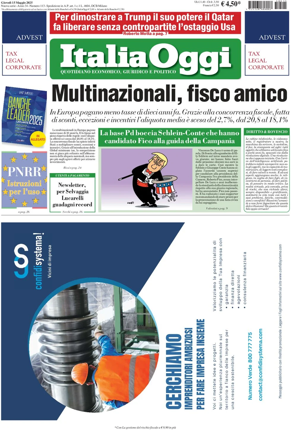 anteprima della prima pagina di italiaoggi del 15/05/2025