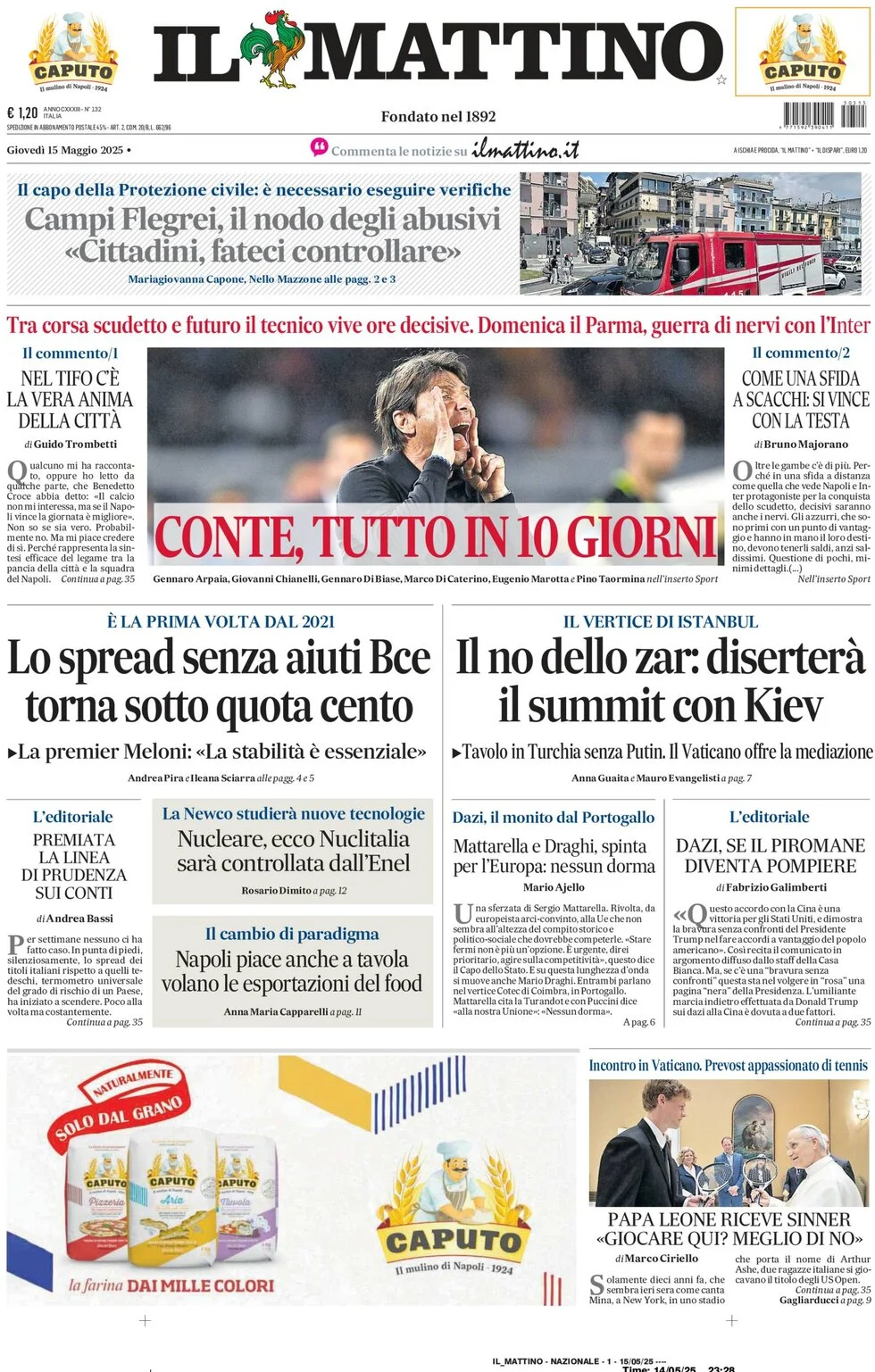 anteprima della prima pagina di il-mattino del 15/05/2025