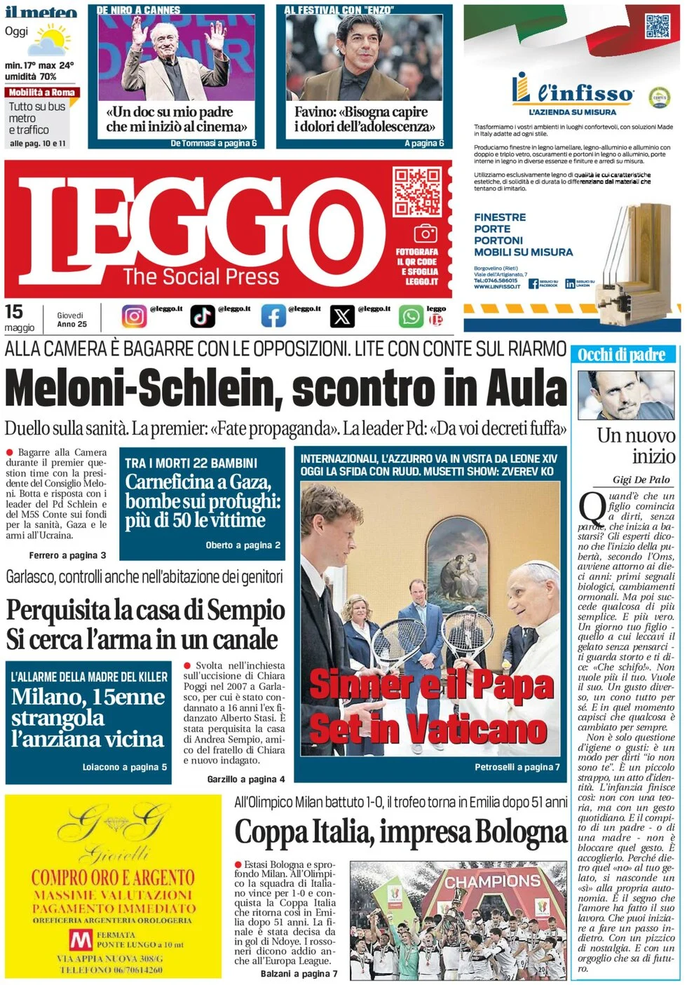 anteprima della prima pagina di leggo-roma del 15/05/2025