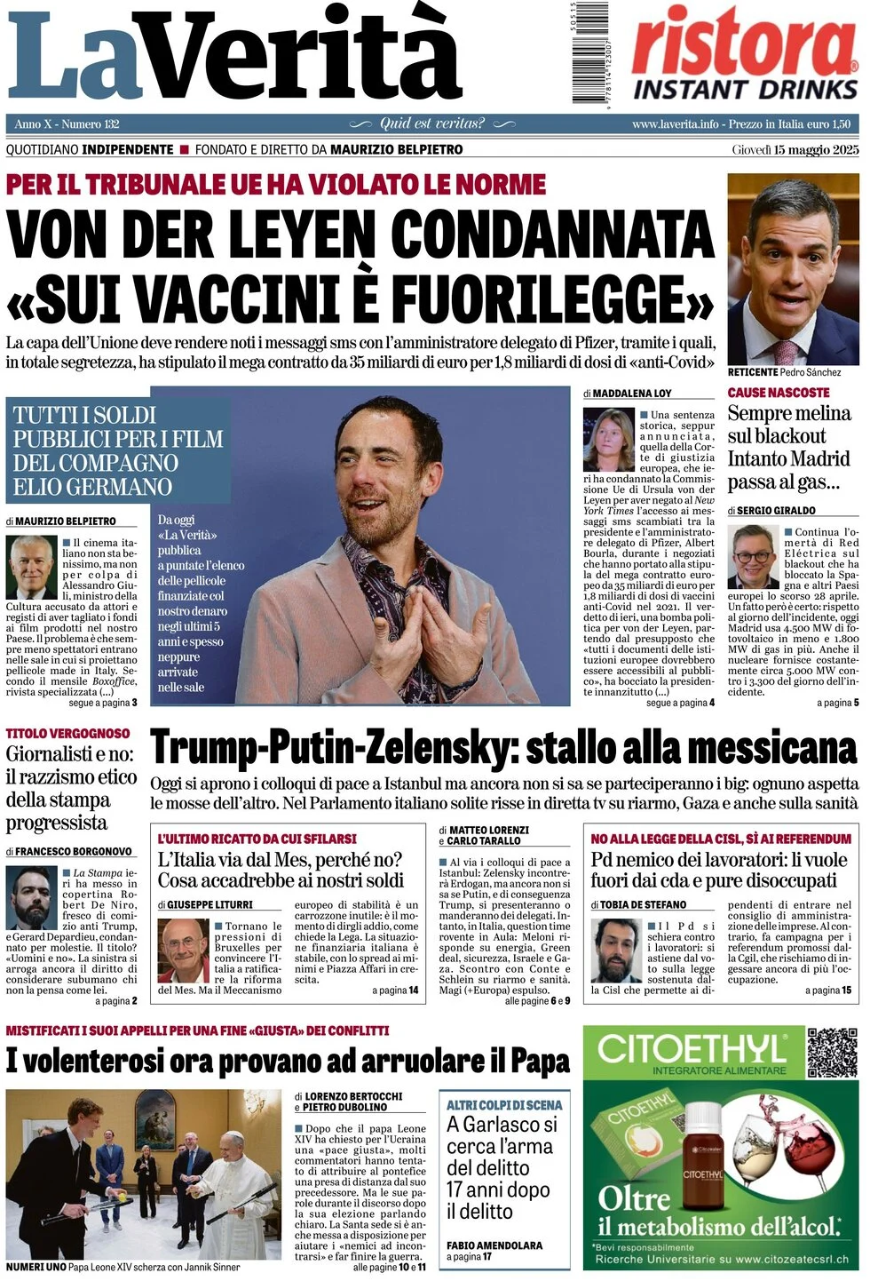 anteprima della prima pagina di la-verit del 15/05/2025