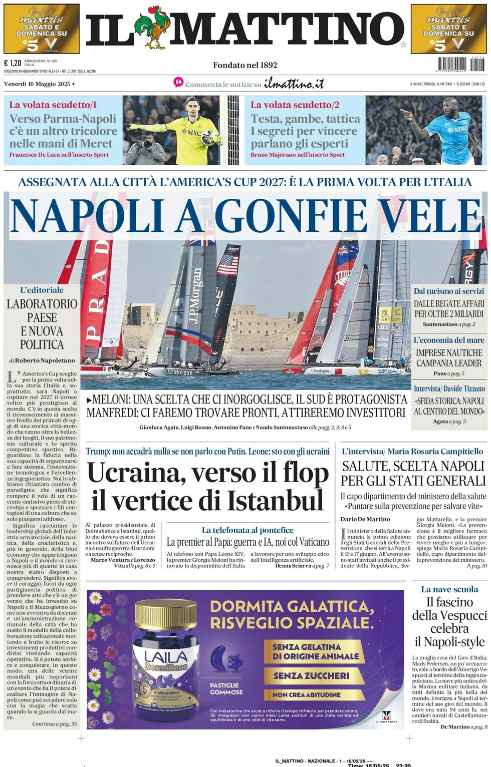anteprima della prima pagina di il-mattino del 16/05/2025