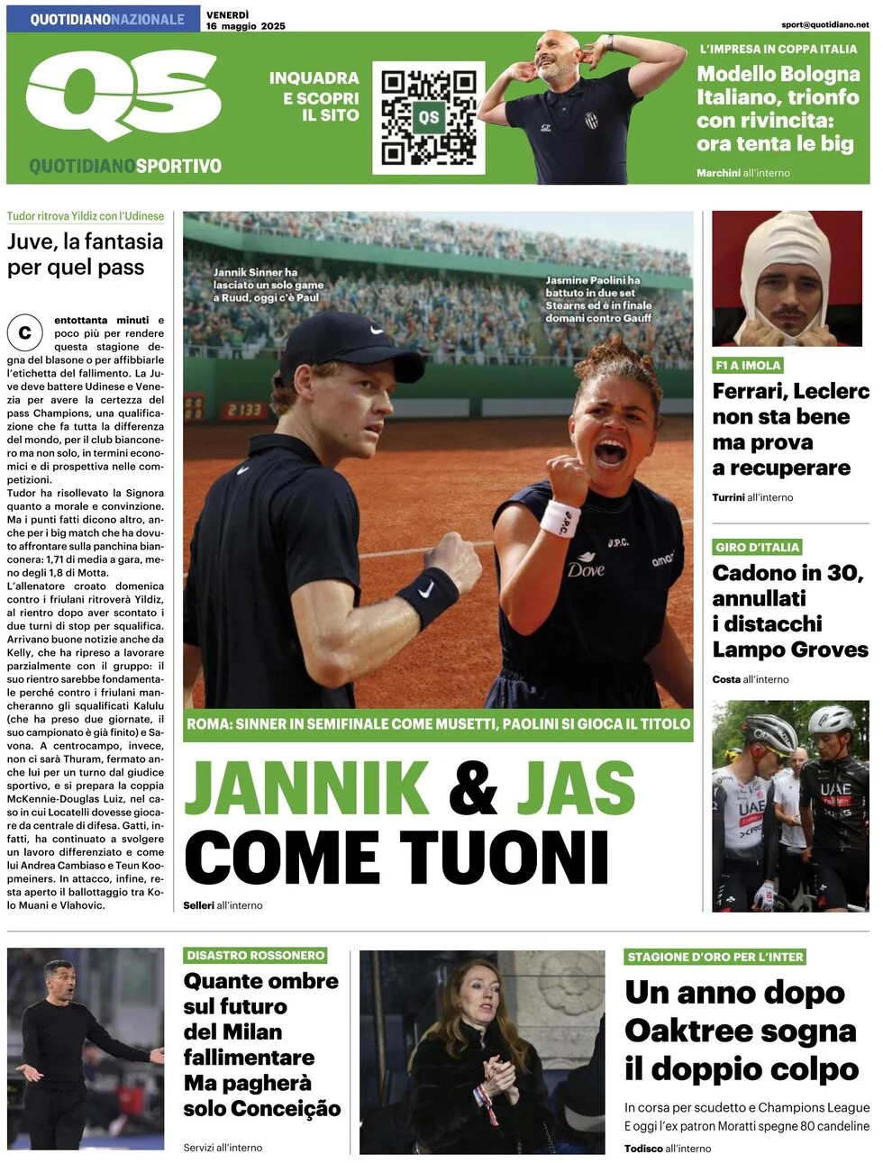 anteprima della prima pagina di qs-quotidiano-sportivo del 16/05/2025