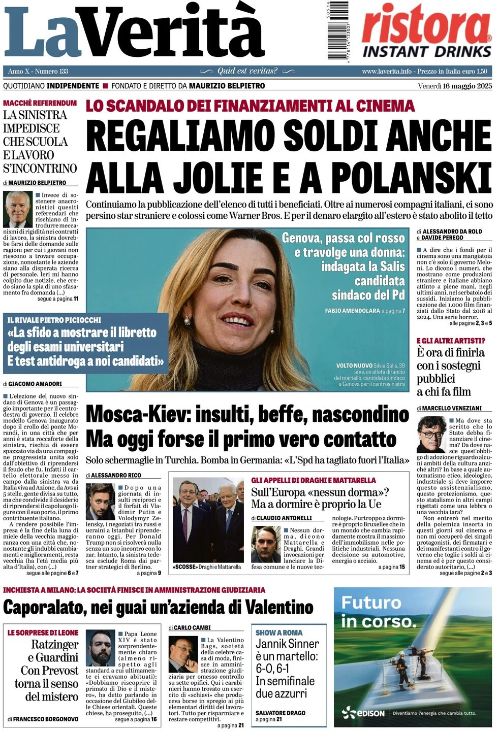 anteprima della prima pagina di la-verit del 16/05/2025