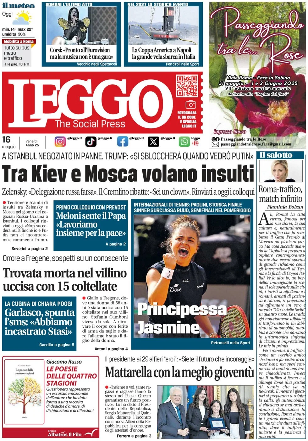 anteprima della prima pagina di leggo-roma del 16/05/2025