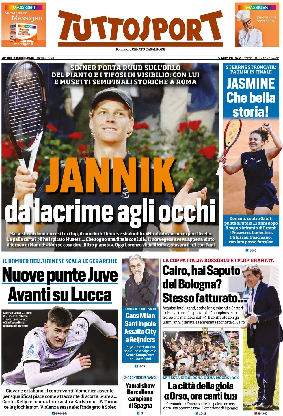 anteprima della prima pagina di tuttosport del 16/05/2025
