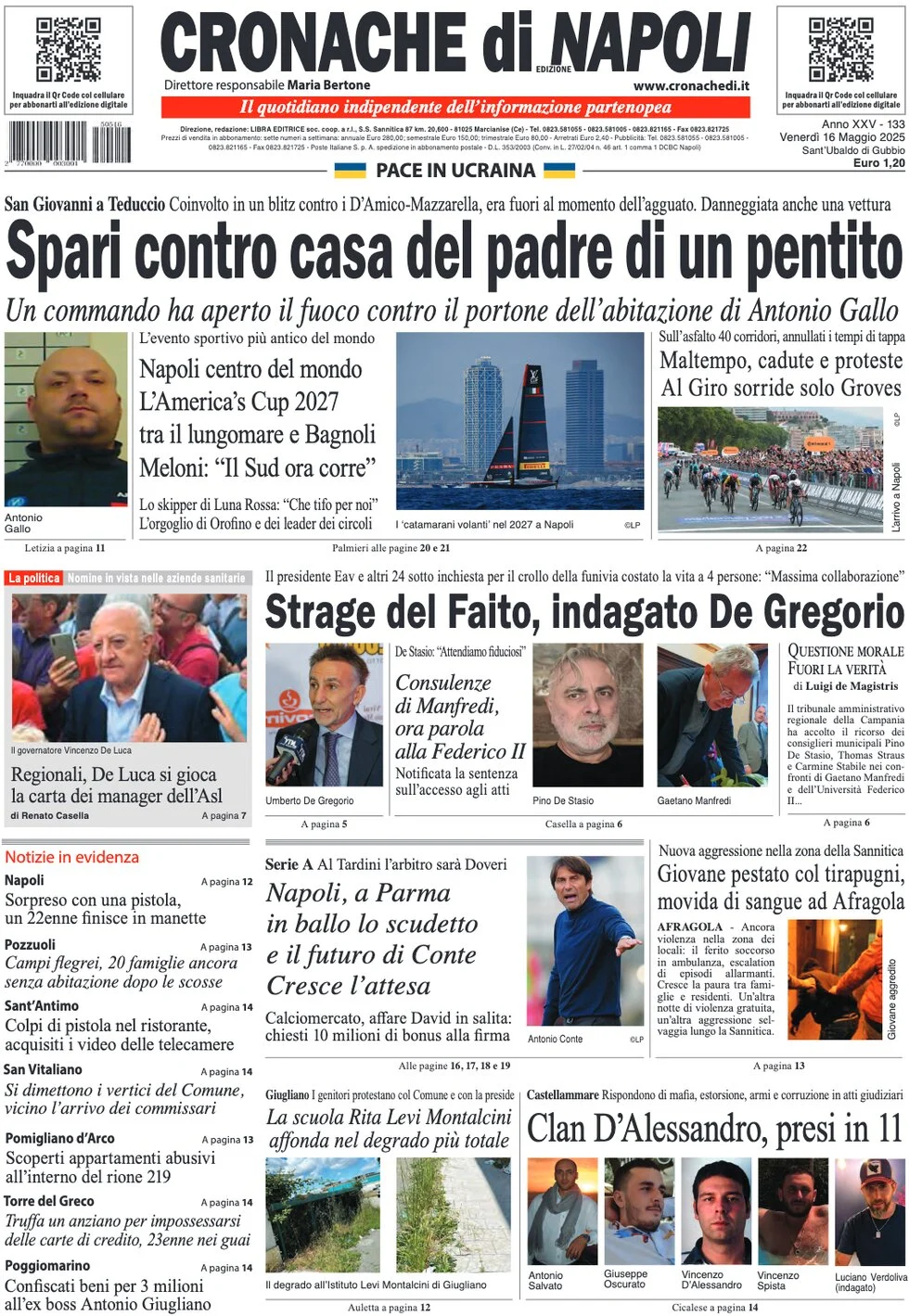 anteprima della prima pagina di cronache-di-napoli del 16/05/2025