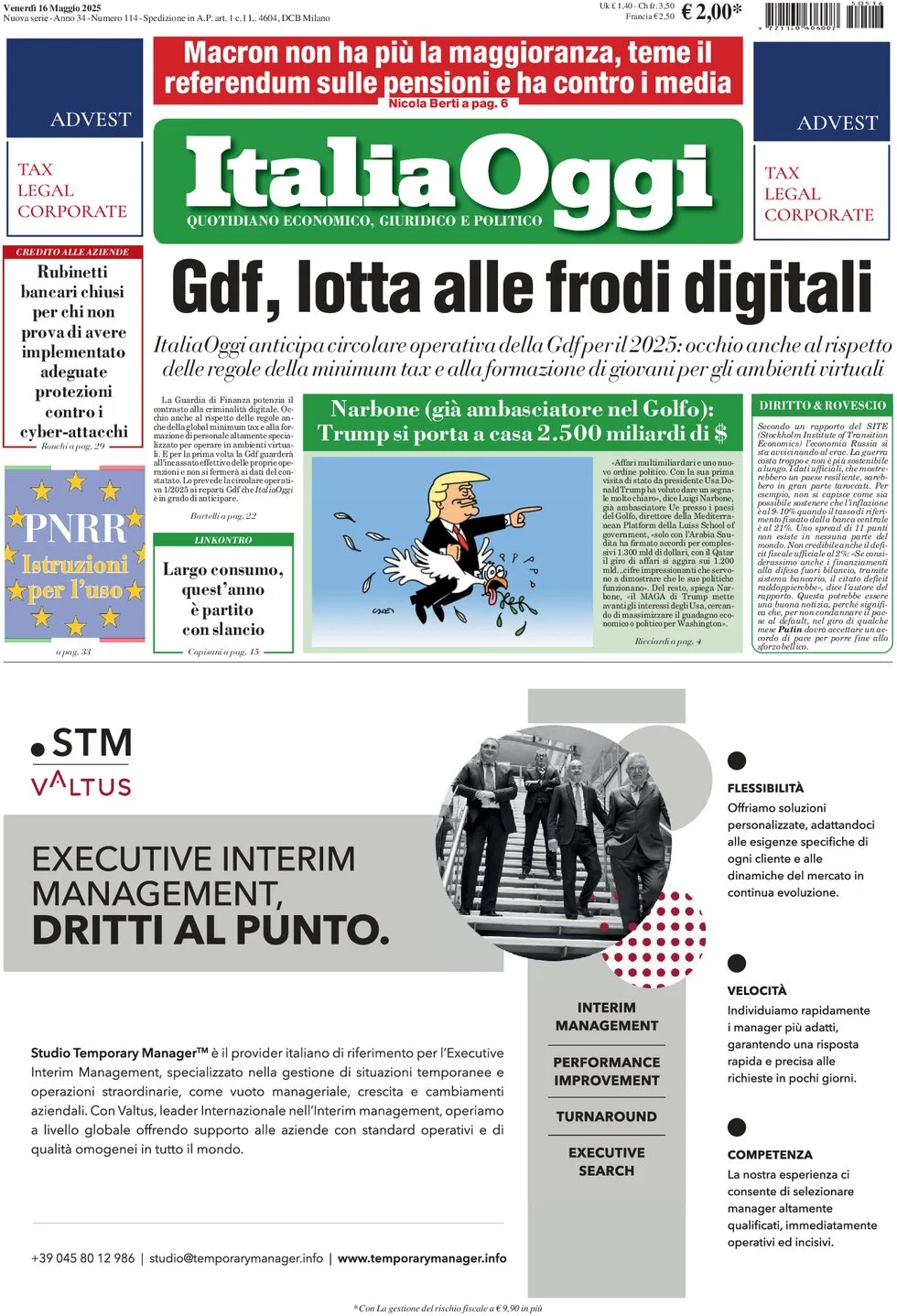 anteprima della prima pagina di italiaoggi del 16/05/2025