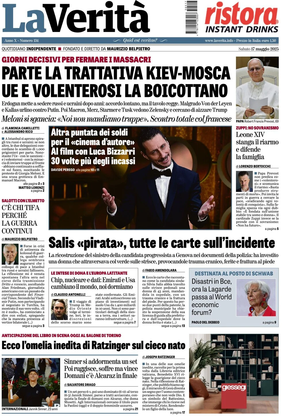 anteprima della prima pagina di la-verit del 17/05/2025
