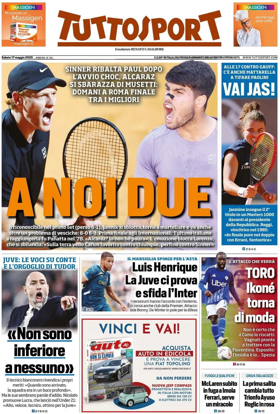 anteprima della prima pagina di tuttosport del 17/05/2025