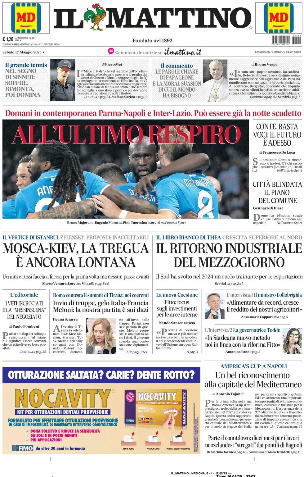 anteprima della prima pagina di il-mattino del 17/05/2025