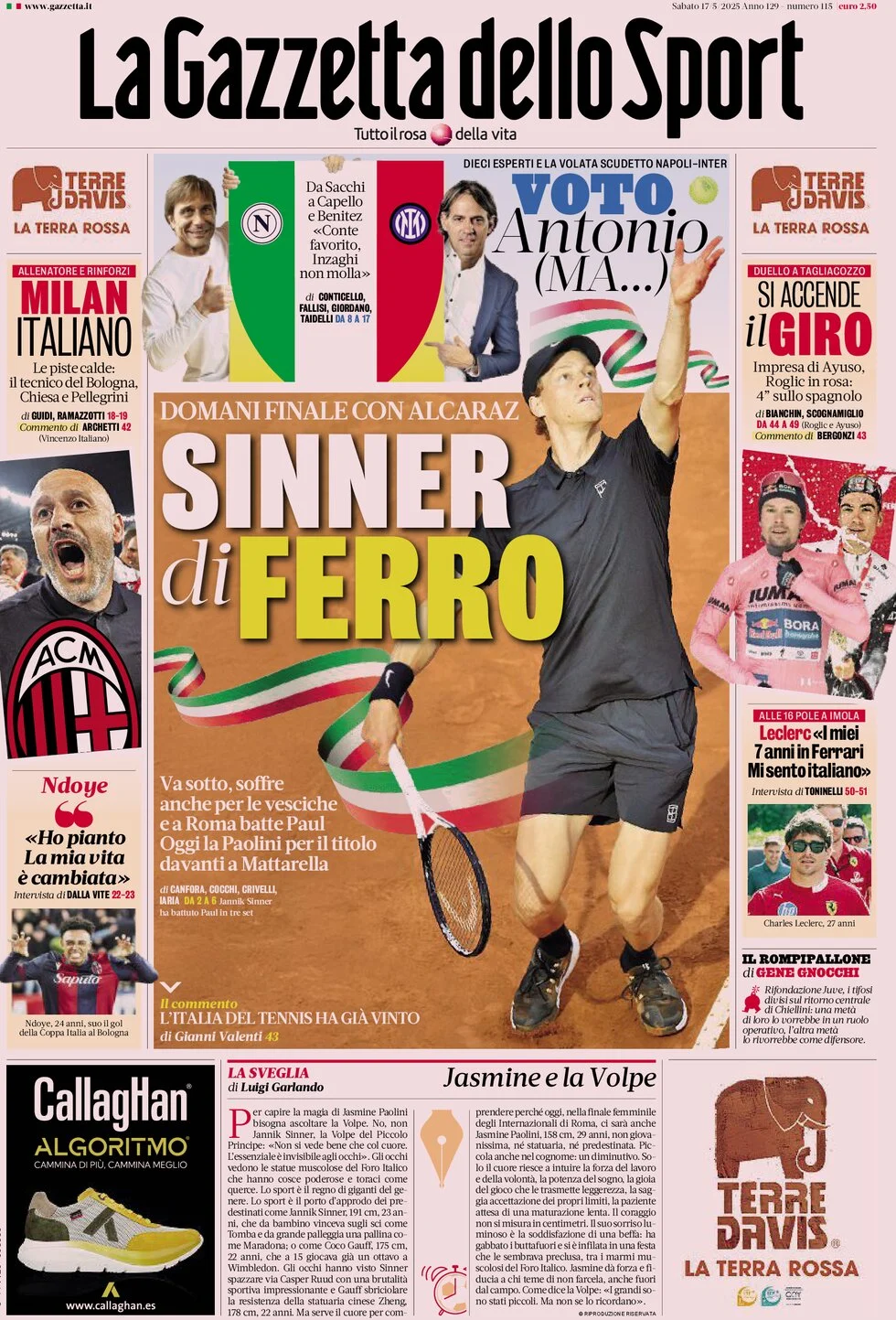 anteprima della prima pagina di la-gazzetta-dello-sport del 17/05/2025
