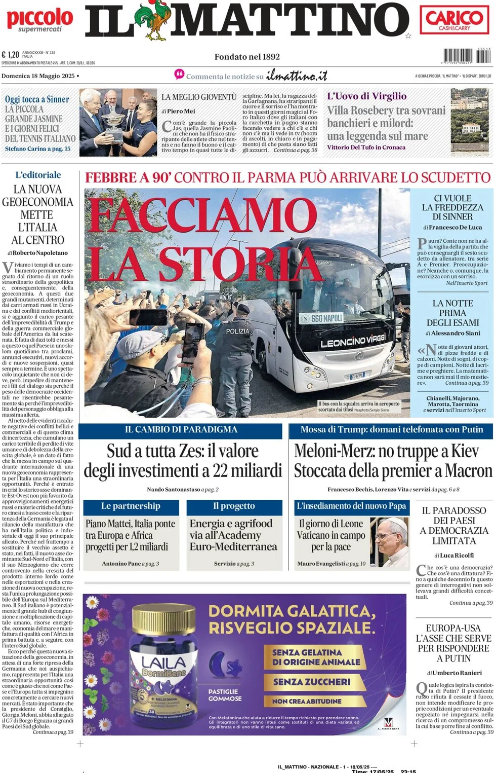 anteprima della prima pagina di il-mattino del 18/05/2025