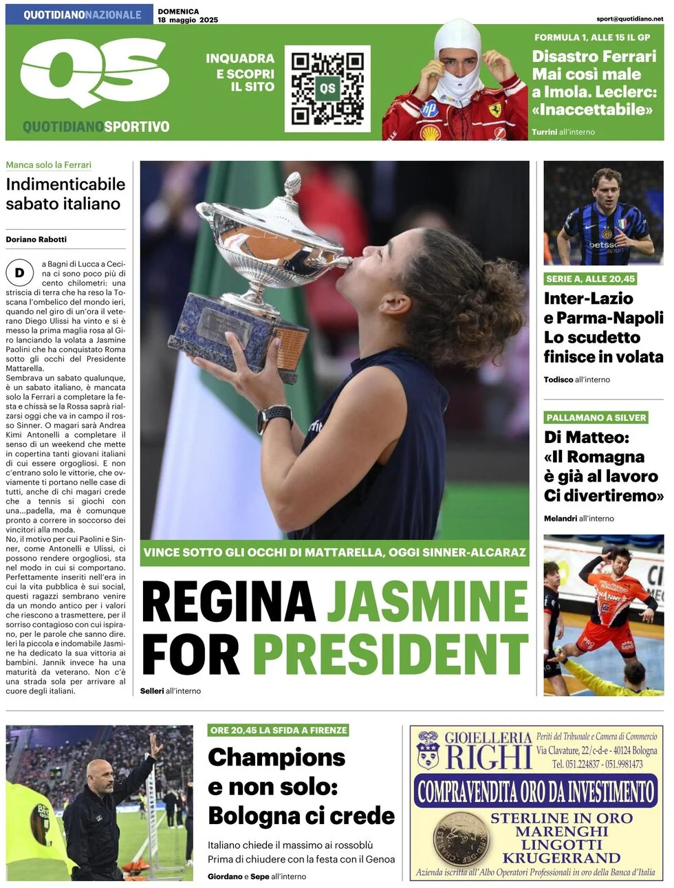 anteprima della prima pagina di qs-quotidiano-sportivo del 18/05/2025