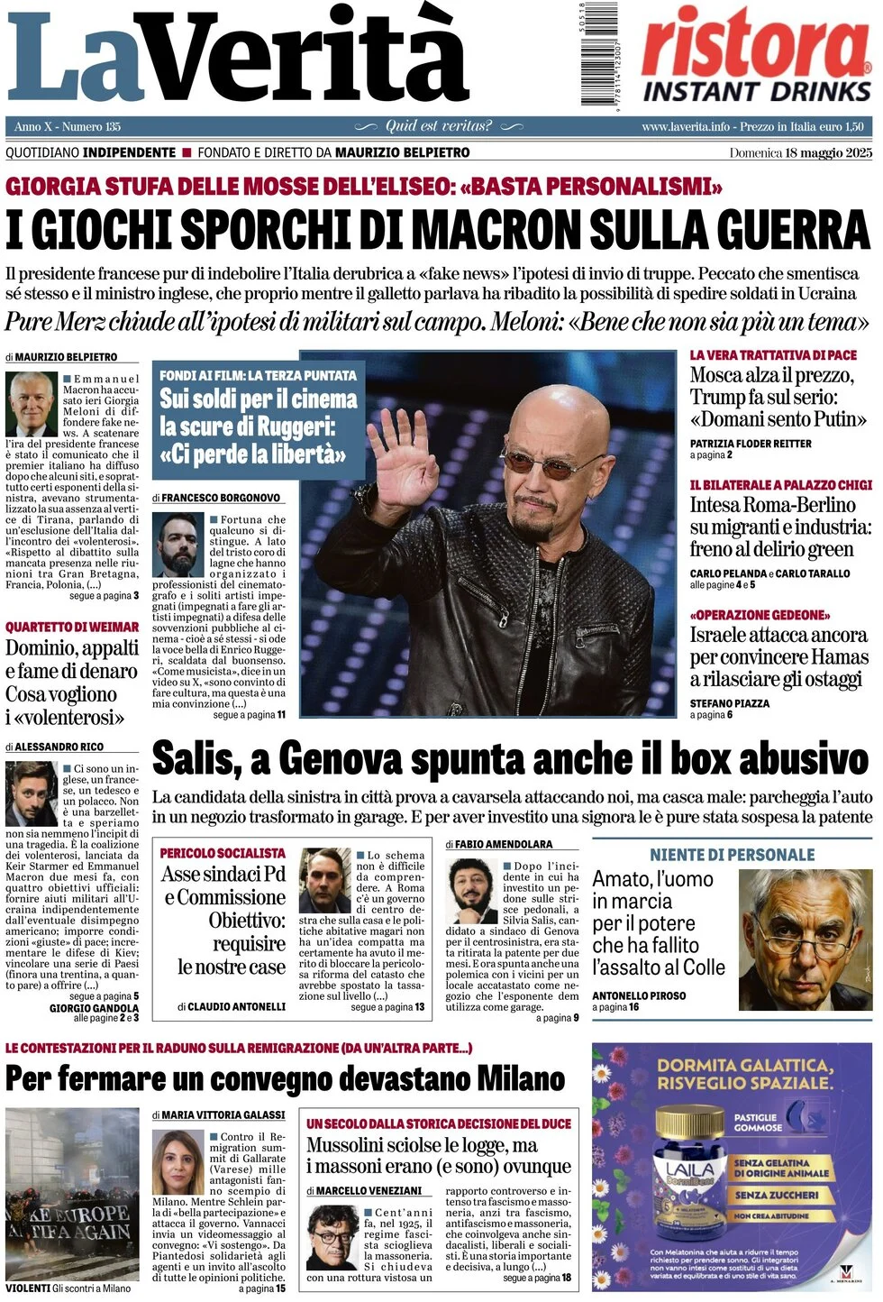 anteprima della prima pagina di la-verit del 18/05/2025