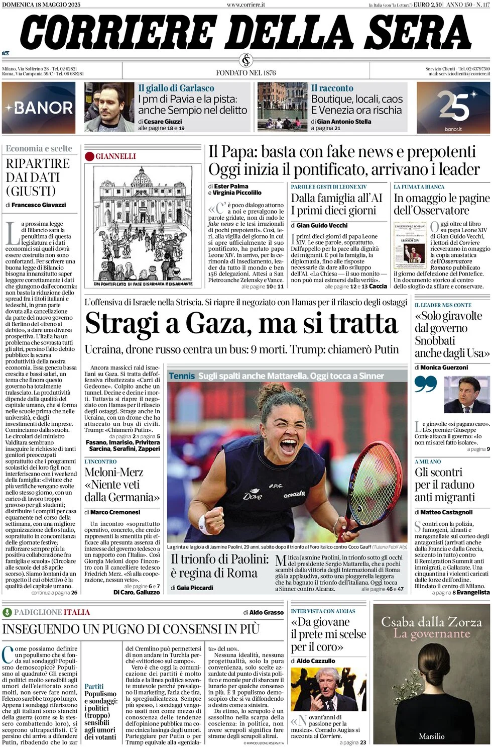 anteprima della prima pagina di corriere-della-sera del 18/05/2025
