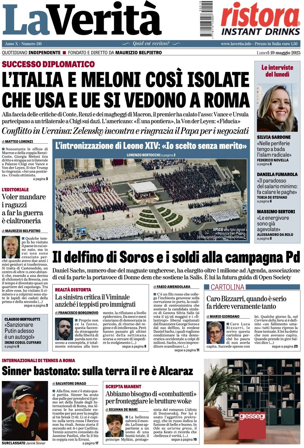 anteprima della prima pagina di La Verità