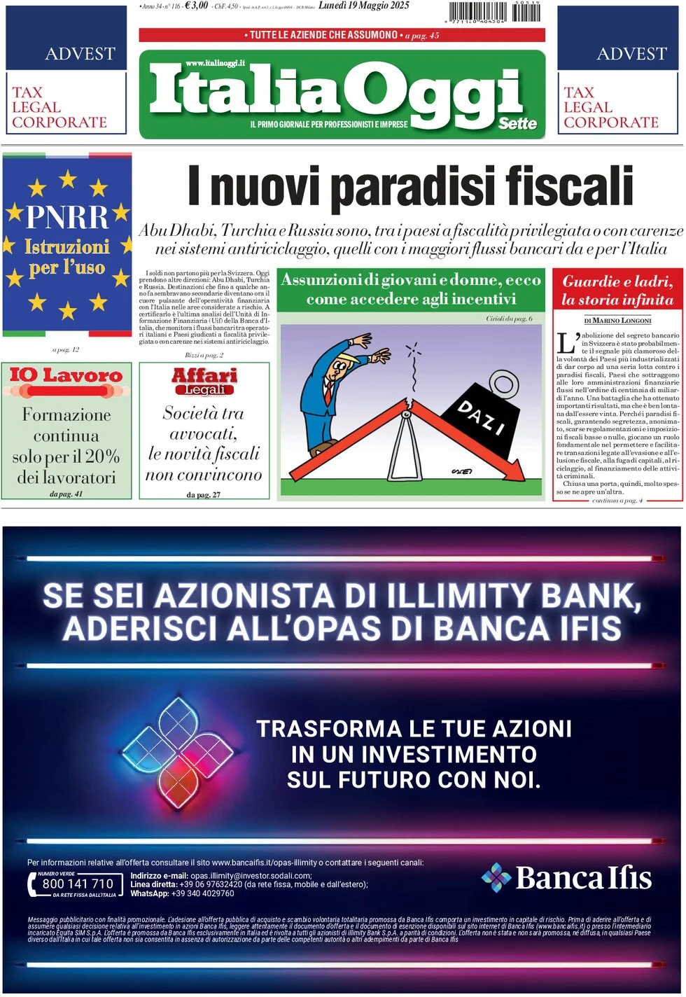 anteprima della prima pagina di ItaliaOggi